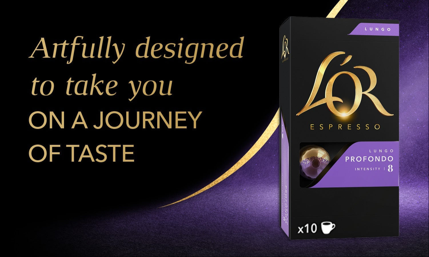 L'Or Profondo Espresso packaging with gold text on a dark background